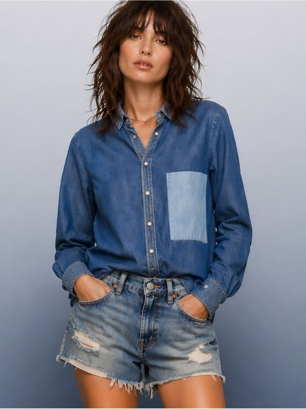 GOLDEN GOOSE DELUXE BRAND ITALIAN COLORBLOCK DENIM PEARL SNAP SHIRT SMALL